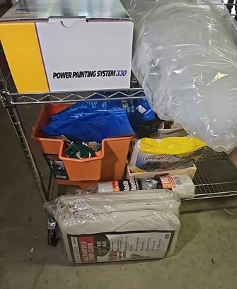 R0 Painters Lot To Include Plastic Ground Covering, Drop Cloths, Buckets, Tape, Power Painting System And More