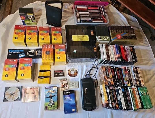 R4 Lot To Include Variety Of VHS Tapes With Blank VHS Tapes, VHS Rewinder, And CDs