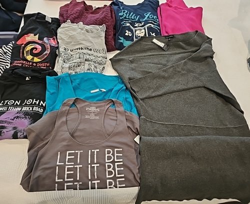 R1 Women's Clothing Lot To Include Concert Tees, Tank Tops, Sweater Dresses, And More
