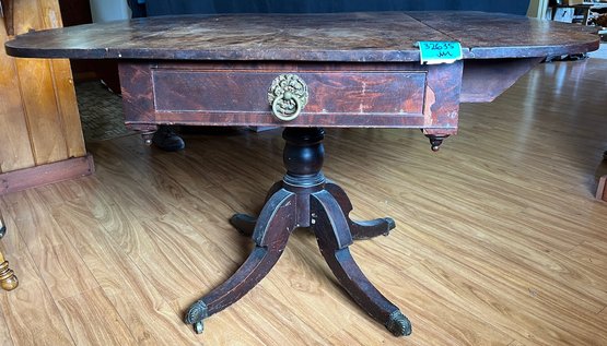 R7 Vintage Wood Table With Drop Down Leaves, Drawer, Claw Fee, And Casters