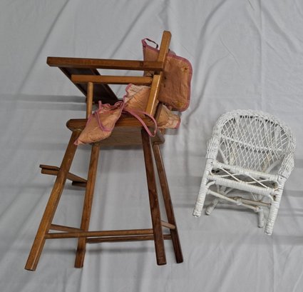 Antique Wooden Play Highchair, Wicker Doll Chair And Wooden Doll Rocking Chair
