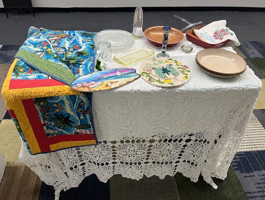 Crochet Table Cloth, Tropical Quilt, Cookin-ware Pie Plate, Glass Tray, Glass Fish, Surfboard Shaped Artwork,