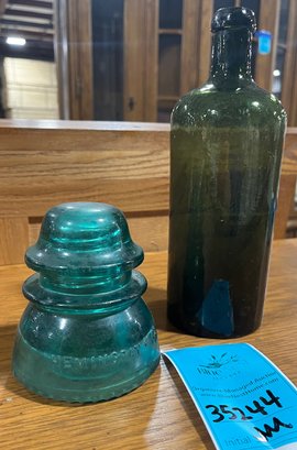 Hemingray-42 Antique Glass Insulator, And Antique Green Glass Bottle