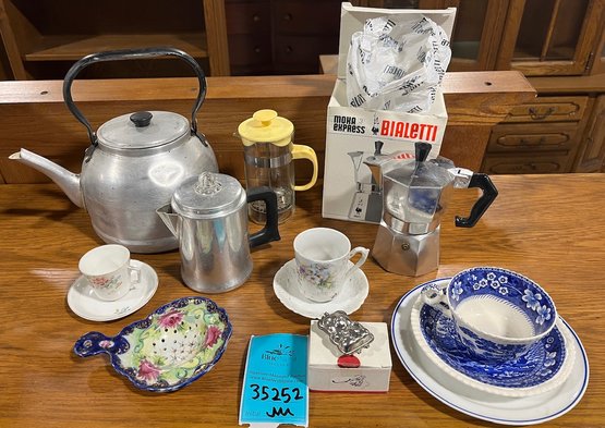 Bialetti 3-cup Moka Express In Opened Box, Vintage 2-cup Percolator, Loose Tea Strainers, Small French Press,