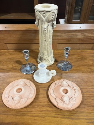 Candle Holder Collection, Including Alabaster, Terra Cotta, Irvinware, Signed Stoneware Column