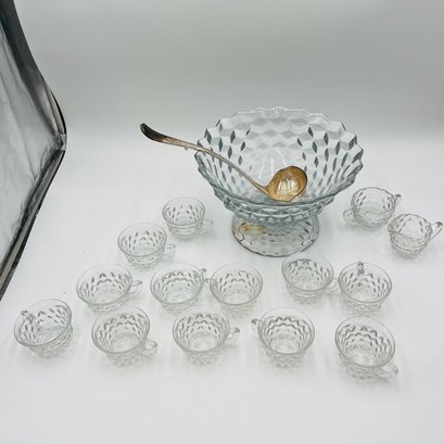 Fostoria Glass Punch Bowl Set, Footed Punch Bowl, Twelve Lunch Cups, Creamer And Sugar Dish, Serving Spoon