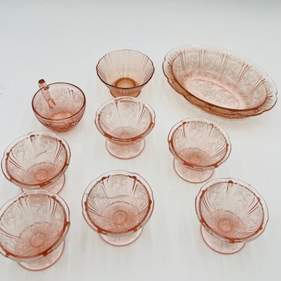 Pink Depression Glass, Pink Cherry Blossom Sherbet Glasses, Pink Cherry Blossom Oval Bowl, Pink Glass Tea Cup
