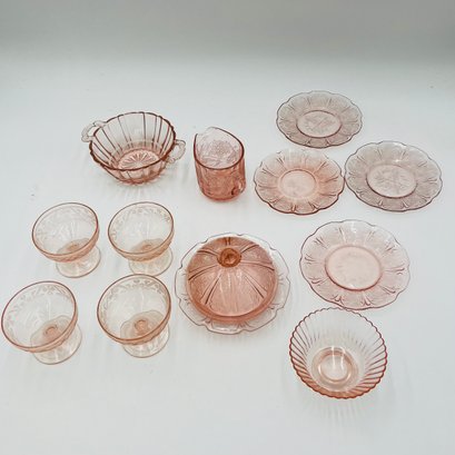 Pink Depression Glass, Pink Cheery Blossom Saucers, Pressed Glass Dish, Pink Handled Bowl, Candy Dish, Creamer