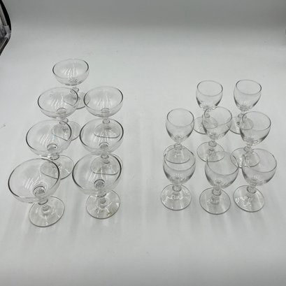 Set Of Eight Small Liqueur Glasses, Set Of Seven Small Champagne Glass Coups