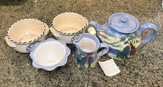 R2 Maine SHARD Pottery Teapot, Small Pitcher, And Bowl, And Two Davis Designs Blue Crab Soup/chowder Bowl Lot