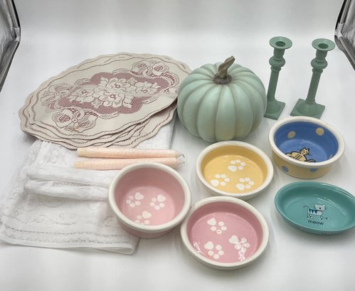 Caravell Candlestick Holders, Lace Backed Placemats, Ceramic Pet Dishes, Faux Pumpkin, Lace Tablecloth