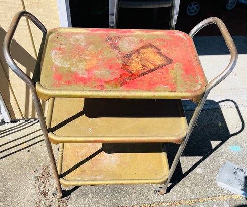 R0 Vintage Metal Utility Cart Meal Tray On Wheels