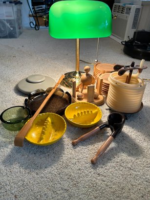 R7 Vintage Green Glass Desk Lamp, Two Sets Of Cork Coasters, Copper Candle Holder, Back Scratcher, Metal Nut