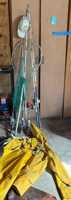 R0 Fishing Lot To Include Helly-Hansen P-482 Fishing Coveralls, Matching Raincoat, Various Fishing Poles And A