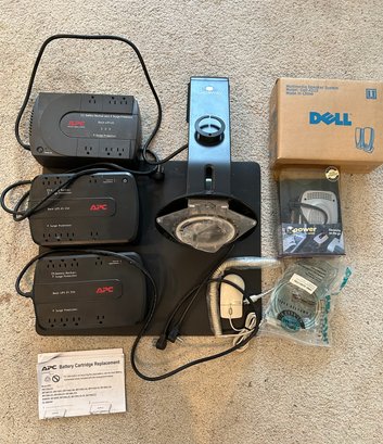 Three APC Battery Backup And Surge Protection, Gateway Mount, Dell Speaker Systems, Computer Mouse, Xpower