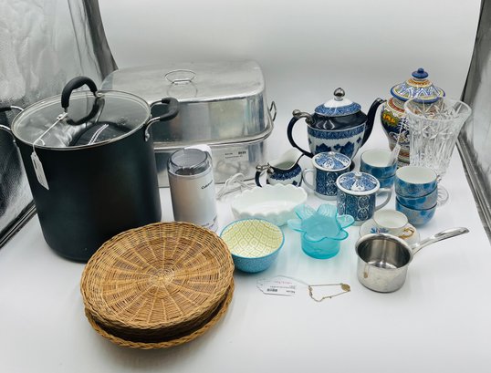Cuisinart Grinder, Tall Stockpot, Aluminum Roaster Pan, Westmoreland Milk Glass, Balmoral Vase, Teapot