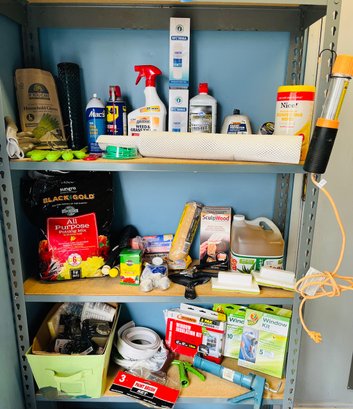 R0 Three Shelves Of House Repair Items And Garden Supplies Window Insulation, Water Filters, Paint Supplies