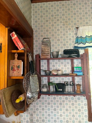 R7 Vintage Style Kitchen Lot To Include Spice Shelf, And Various Kitchen Utensils