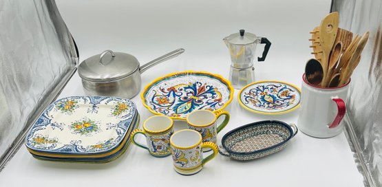 Coffee Percolator, Italian Handpainted Plates, Three Italian Ceramic Mugs, Wooden Utensils, Utensil Holder