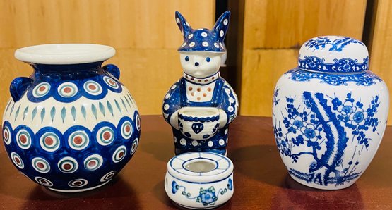 Collection Of Blue Decorative Jars, Including Ginger Jar, Rabbit, Vase, And Candle Holder