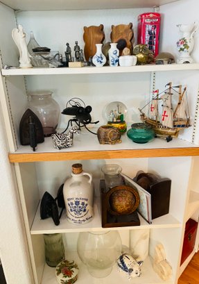 R5 Four Shelves Of Knick Knacks Including Book Ends, Jars, Irons, Tiny Figurines And Other Decorative Items