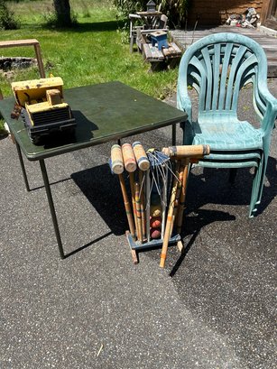R00 Green Table, Three Green Lawn Chairs, Croquet Set, Tonka Truck