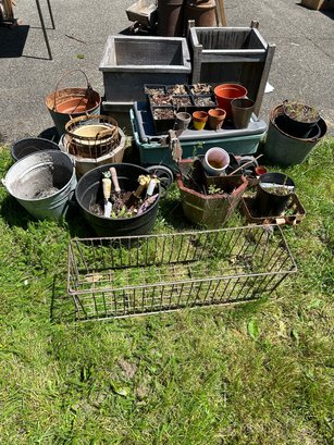 R00 Various Buckets, Wooden, Ceramic, Metal, Garden Tools, Set Of Planter Pots, Ames Lawn Buddy Cart, Two Wood