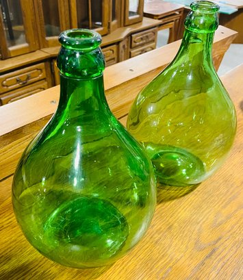 Two Green Glass Bubble Vase Jug Jars