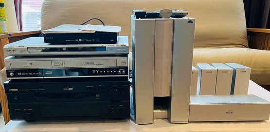 R7 Sony Home Theatre System, Yamaha Stereo Receiver, Toshiba DVD/VHS Recorder, Sony Blu-ray Player,