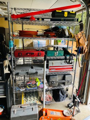 R0 Lot Of Tools Craftsmen Tool Box, Floor Jack, Bungee Cords, Rope, Extension Cords, Level, Milwaukee Cordless