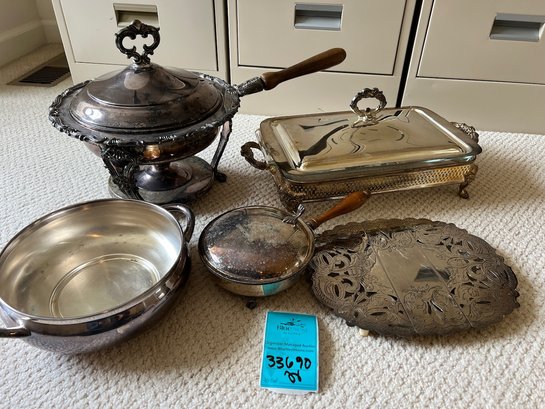 R5 Oil Flame Silver Plate Chafing Dish, Glass And Silver Plate Casserole Dish, Expandable Trivet, And Two Ser