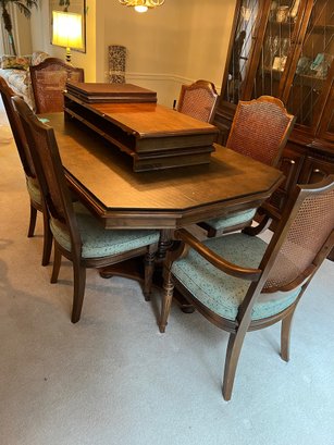 R2 Vintage Ethan Allen Dining Table With Table Protector , Two Leaves And Six Chairs