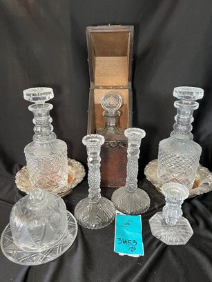 R6 Three Decanters, Three Candle Stick, Cheese Dome - All Pieces Probable Crystal - All Have High Pitched Ping
