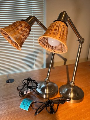 R6 Two Adjustable Arm Desk Lamps With Wicker Shades. Heavy Bases.  Switch On Cord