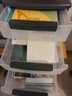 Sewing And Knitting Supplies, Several Baskets, Two Plastic Drawer Units, Note Pads, Office Supplies And Bench