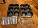 R3 Full Kitchen Cabinet And Drawer Of Baskets, Glass Pie Dishes, Muffin Tins, Napkins, Cozies
