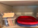R3 Full Kitchen Cabinet And Drawer Of Baskets, Glass Pie Dishes, Muffin Tins, Napkins, Cozies