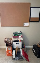 Collection Of Hanging File Folders And File Folders, And Corkboard, And Small Framed Corkboard And Whiteboard