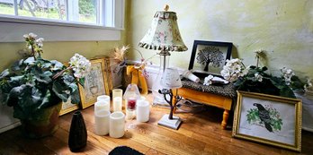 R5, Lamp, Foot Stool, Framed Art, Set Of Two Faux Flower Pots, Change Purse, Battery Operated Candles, And Mor