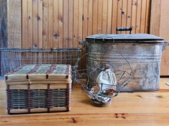 R11 Vintage Boiler Wash Tub, Vintage Farmhouse Wired Shopping Basket, Wicker Basket, Primitive Herb Doll