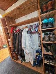 R6 Contents Of Wardrobe To Include Men's Shoe Collection, Assortment Of Men's Jackets And Shirts, Iron Board