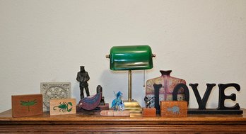 R7 Vintage Green Bankers Desk Lamp, Metal Bird Vase, Lone Sailor Memorial Statue, And Other Tabletop Decor