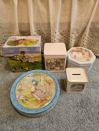 R7 Vintage Enchantmints Musical Jewelry Box, Beatrix Potter Moneybox Tin, And Other Assorted Tins Including Br