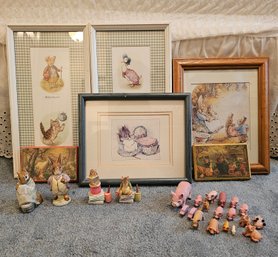 R7 Beatrix Potter Framed Pictures And Figurines And Collection Of Vintage Miniature Pig Figurines
