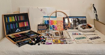 R7 Large Assortment Of Art Supplies Including Canvases, Paint, Drawing Pads, Scrapbooking Paper, Embroidery H
