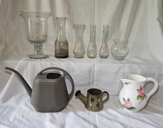 R7 Rose Pitcher, Watering Cans, And Assortment Of Glass Vases