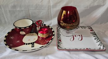 R7 Matching Snowman Dishes, Joy Christmas Plate, Red Goblet Vase, Christmas Ribbons And Small Glass Cup