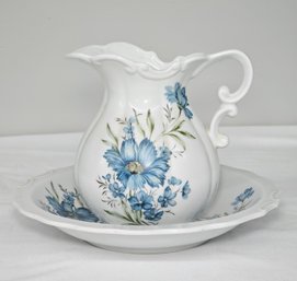 BNH Vintage Inarco Japan Porcelain Blue Flowers Pitcher And Bowl Set