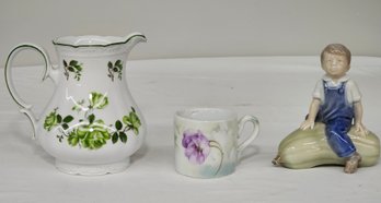 BNH Vintage Royal Copenhagen Denmark Figurine, Mitterteich Bavaria Green Roses Pitcher, Small Flower Teacup