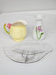 BNH Royal Winton Tiger Lily Pitcher, Hand Painted Iris Vase, Glass 3 Part Relish Dish